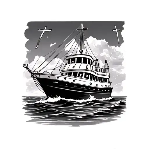 Boat On The Sea Like A Mini Cruise Ship And A Cross