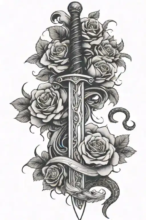 Sword With Snake Around It Roses Around The Background And Falling Clouds