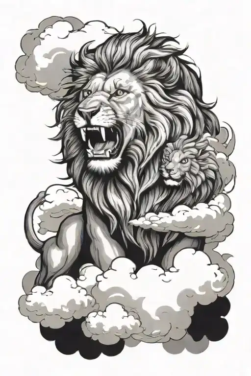 Lion Roaring In The Clouds With A Baby Lion Underneath