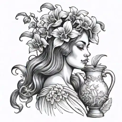 Woman With Orchids For A Head Holding The Pitcher Of Aquarius