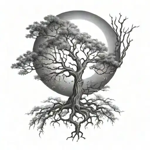 A Leafless Tree That Has A Combo Of The Sun And Moon Above It