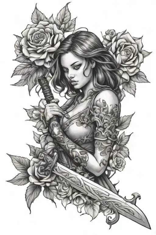 Girl Surrounded By Flowers Wrapped And A Sword Going Through Her