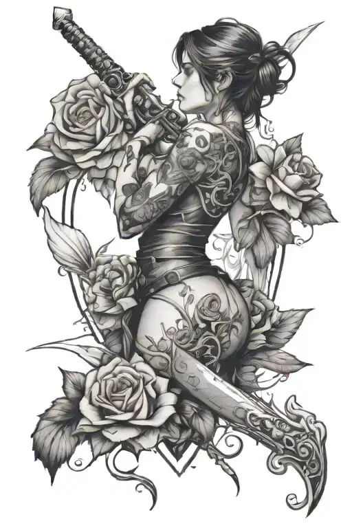 Girl Surrounded By Flowers Wrapped And A Sword Going Through Her Heart