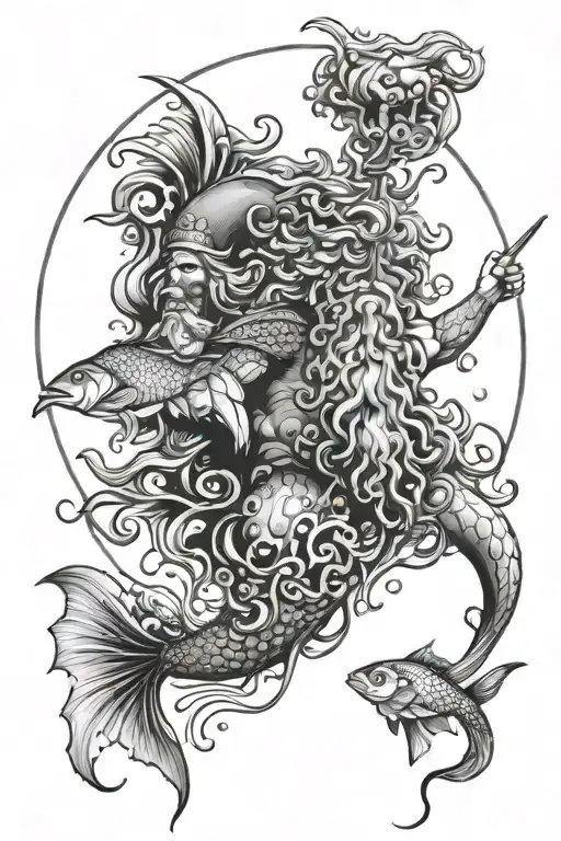 Poseidon With Picses Fish Swimming