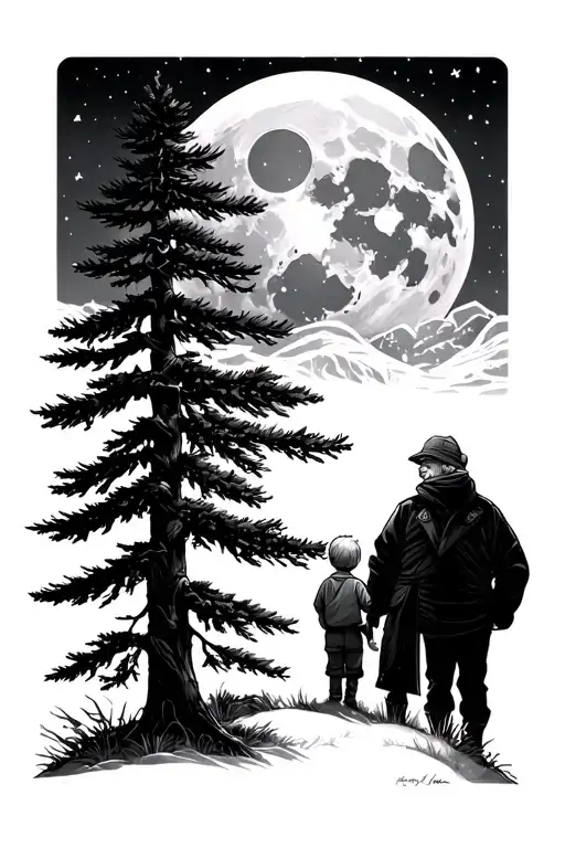 A Pine Tree With A Moon On The Background And A A Kid With His Grandpa In The Front