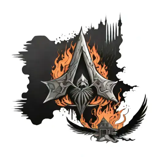 Assassin's Creed Sign Attached To Phoenix In Flames With City Background With Nuclear Explosions