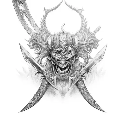 A Demon Warrior With Intricate Black And Grey Details Wielding A Demon Sword