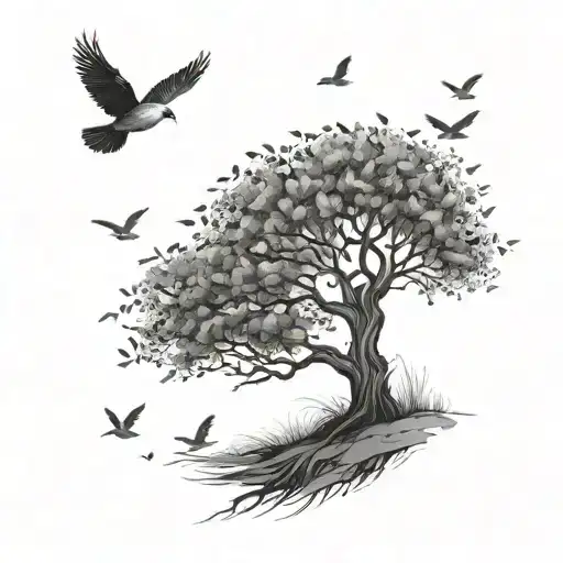 Tree And Birds Flying