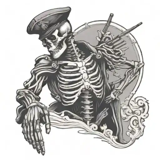 Skeleton Holding A Pocketwatch Standing Over The Silhouette Of A Soldier