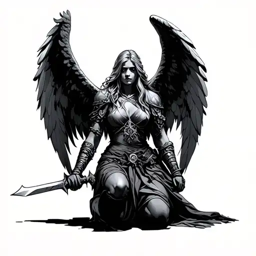 Angel Warrior Kneeling Down With A Sword