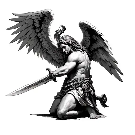 Archangel Michael Kneeling Down With A Sword