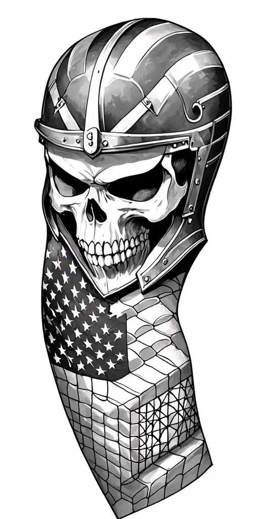 Skull Knight Helmet With American Flag And Cube Black Honey Net On Forearm