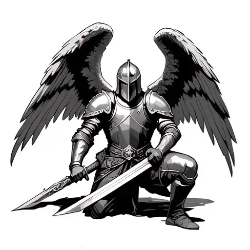 Archangel Michael Wearing Armor And A Helmet Kneeling Down With A Sword Facing Forward