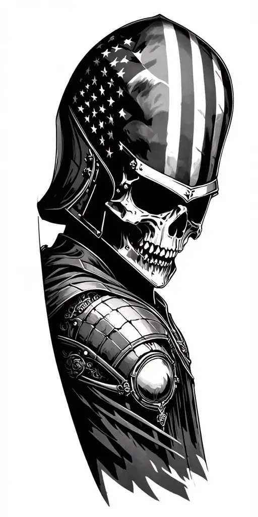 Skull Knight Helmet With American Flag And Cyber Black Honeynet Hacker On Forearm