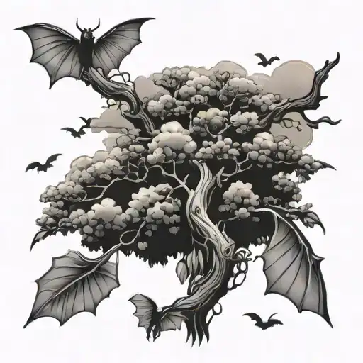Poison Tree With Clouds And Bats Flying