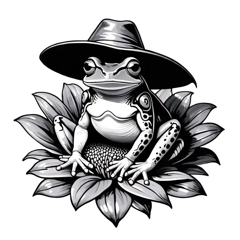 Taino Coqui Frog With Hat Sitting On Flor De Maga Flower Blooming