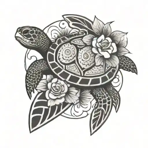 Maori Half Sleeve Turtle And Flower