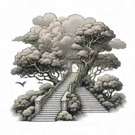 A Man Walking Up A Stairway To Heaven Threw Trees And Clouds