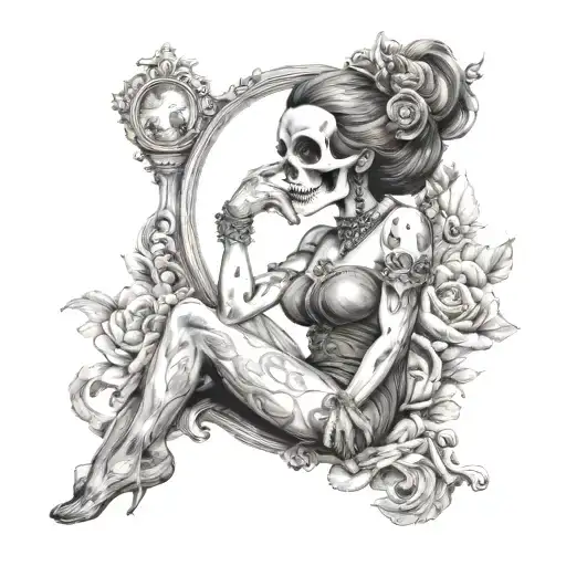 Skull And Mirror Women Sitting