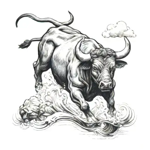 A Bull Swimming Down A River With A Woman On His Back