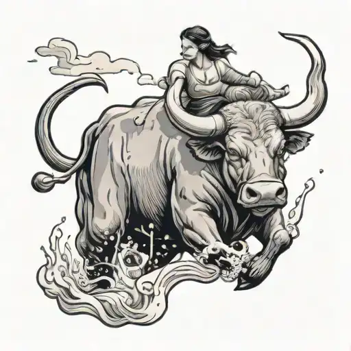 A Bull With A Woman On His Back Floating Down The River