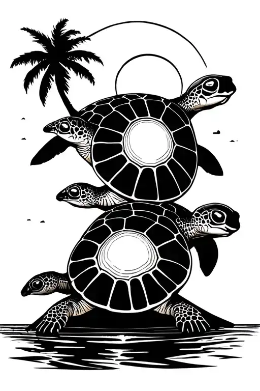 Three Turtles Looking At Sunset On Beach Sunset