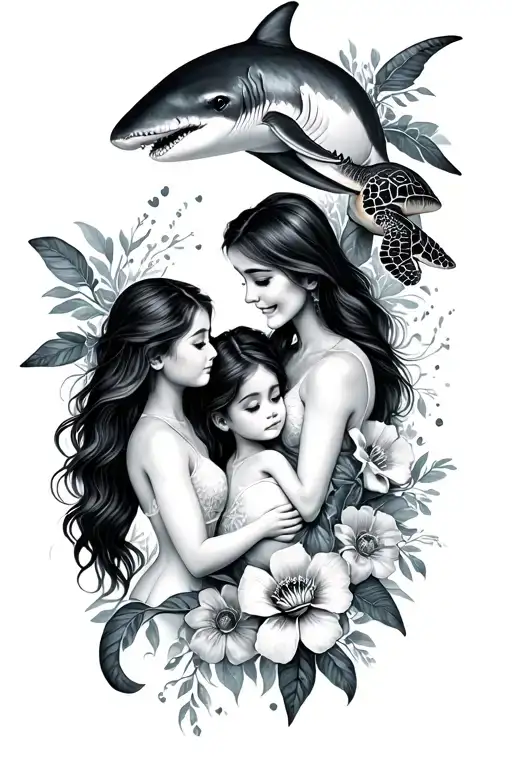 A Mother And Daughter Tattoo With Shark And Turtle And Flowers