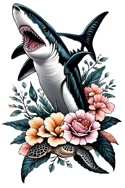 Tattoo With Shark And Turtle And Flowers
