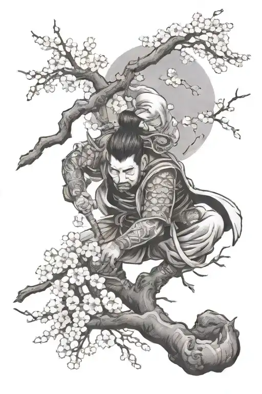 Japones Worrior With Cherry Blossom Tree
