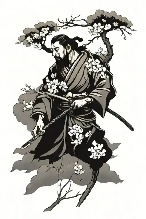 Japones Worrior With Cherry Blossom Tree Silhouette