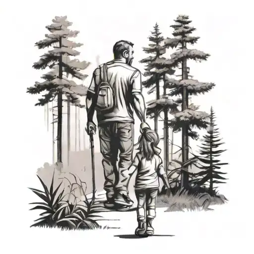 Father And Daughter Walking In The Forest Scene With A Hidden