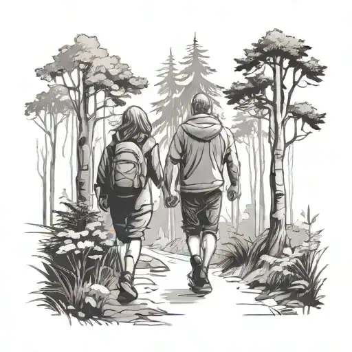 Father And Daughter Walking In The Forest Scene With A Hidden