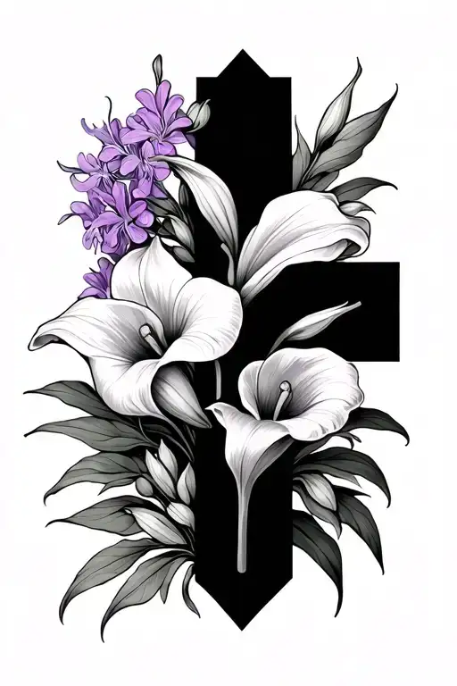 Black Cross Wrapped In Calla Lily And Lilac Flower