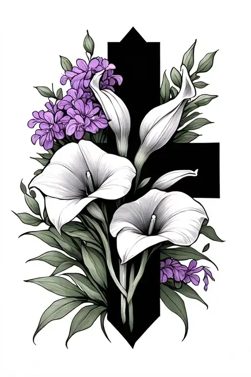 Black Cross Wrapped In Calla Lily And Lilac Flower