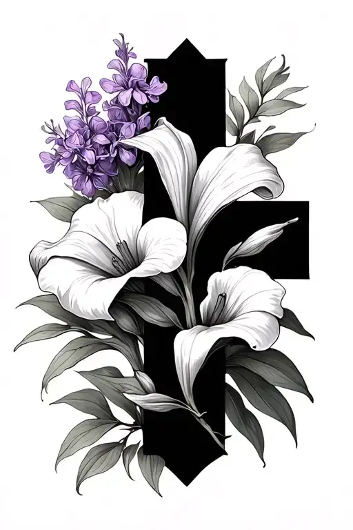 Black Rectangular Cross With Calla Lily And Lilac Flower
