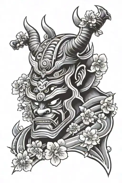 Oni Mask Samurai Warrior Cherry Blossoms