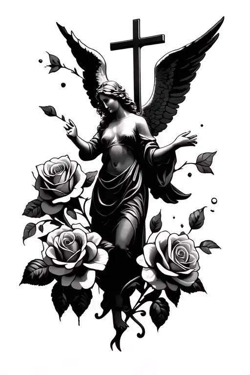 Angel In The Sky With A Cross With Two Roses Blooming