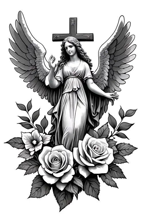 Angel In The Sky With A Cross With Two Roses Blooming