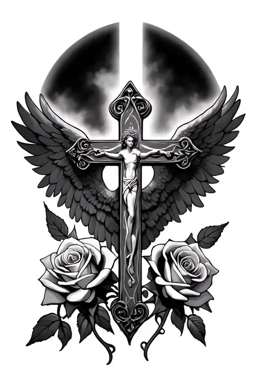 A Cross With A Angel Behind It With Two Roses Intertwined