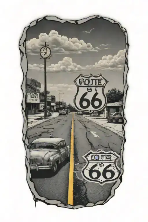 Route 66 Road Cracked With A Motel