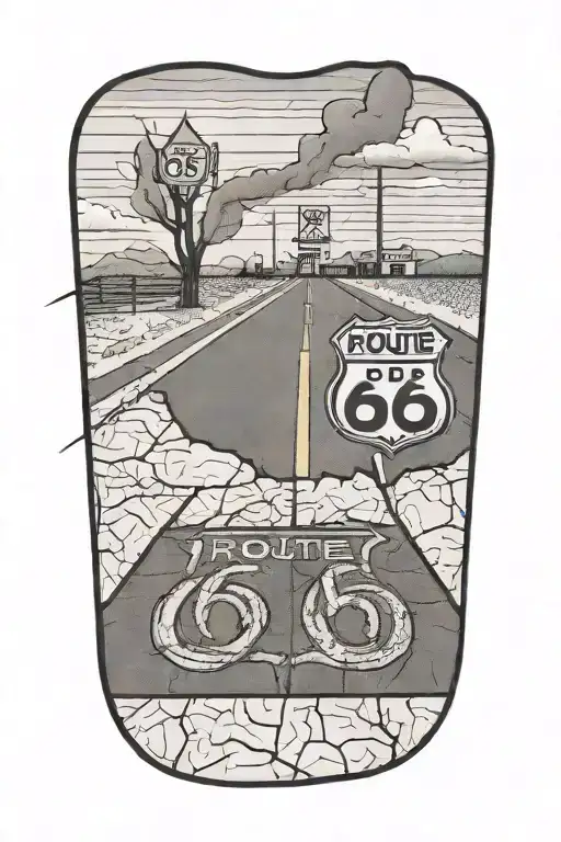 Route 66 Road Cracked With A Motel