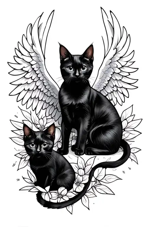 2 Black Cats And 1 Black Kitten With Angel Wings Surrounded