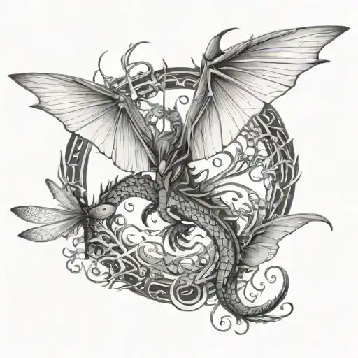 Dragon And Dragonfly Flying Together