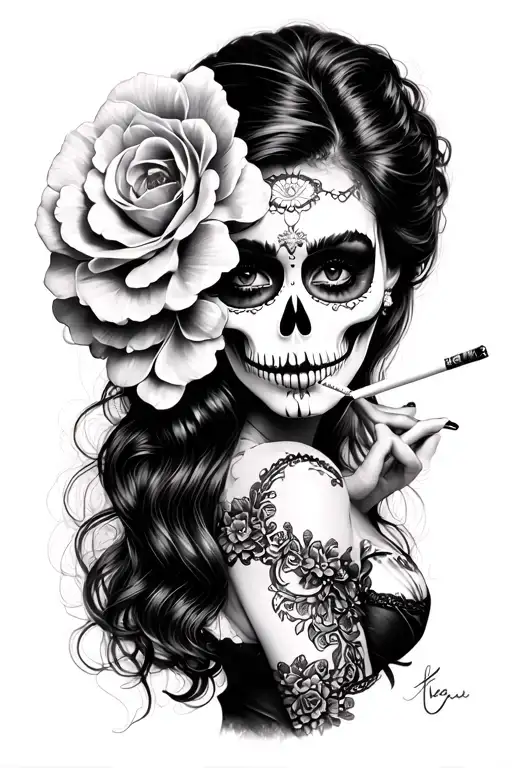 Black And Grey Realism Of La Catrina Resembling Penelope Cruz Smoking A Cigarette