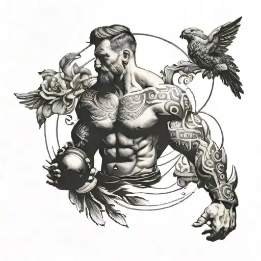 Nordic Inspired Sleeve Tattoo Featuring Weightlifting Motifs In A Black-grey Style