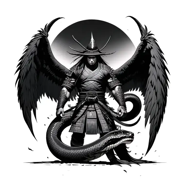 Samurai With Huge Black Feathered Wings Standing Up And A Giant Snake