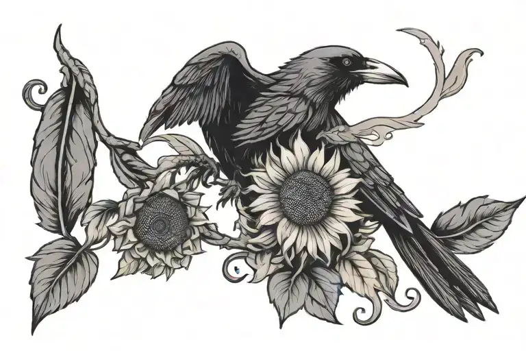 Art Nouveau Style Crow Flying With Sunflowers And Triquetra