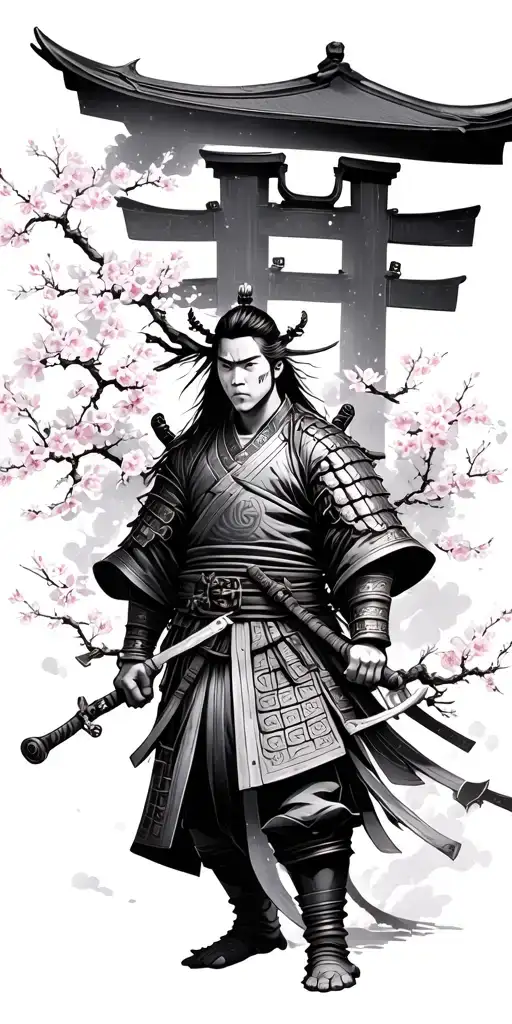 Cherry Blossom With A Oni Samurai Warrior And A Tori Gate