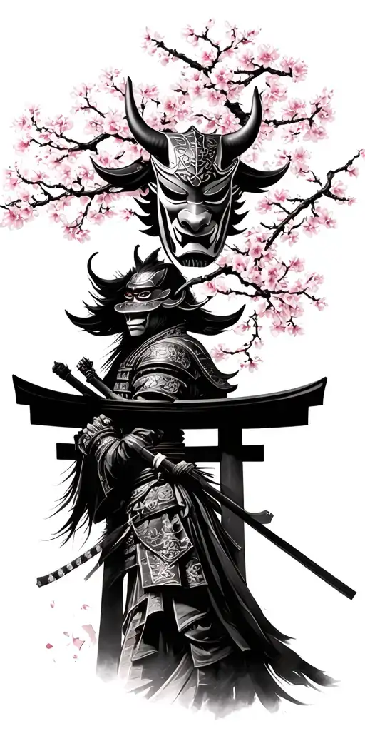 Cherry Blossom With A Oni Mask Samurai Warrior And A Tori Gate