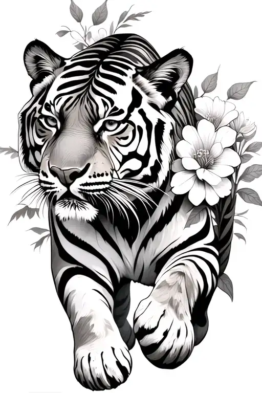Tiger Walking Through Flowers Intertwined